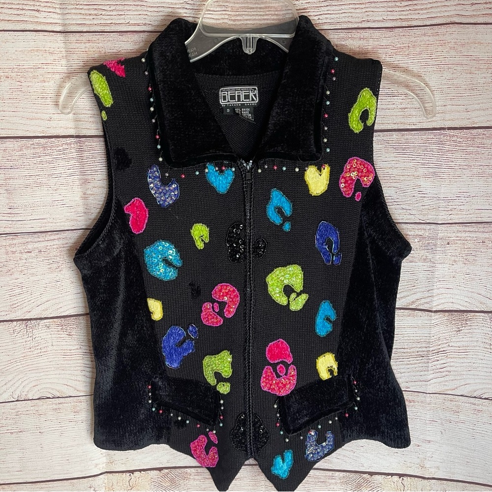 Vintage Berek 2 Sweater Vest Takako Sakon Painting Artist Black Sz Small Cottage